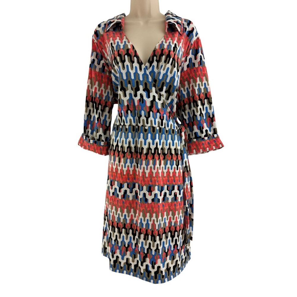 Coral Blue Jigsaw Print New Faux-Wrap Dress w/Tie Size 2X Plus Knit‎ All-Season